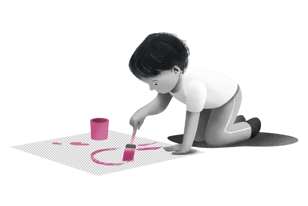 illustration d'un enfant peignant sur un papier au sol